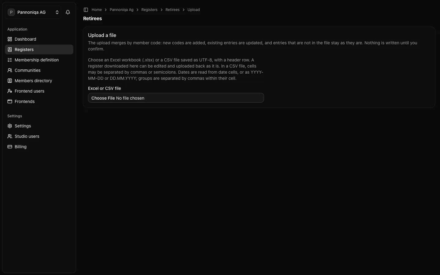 The Upload entries page of the register Retirees, asking for an Excel or CSV file