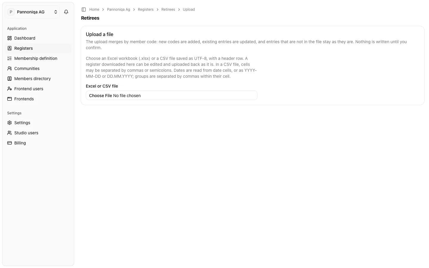 The Upload entries page of the register Retirees, asking for an Excel or CSV file