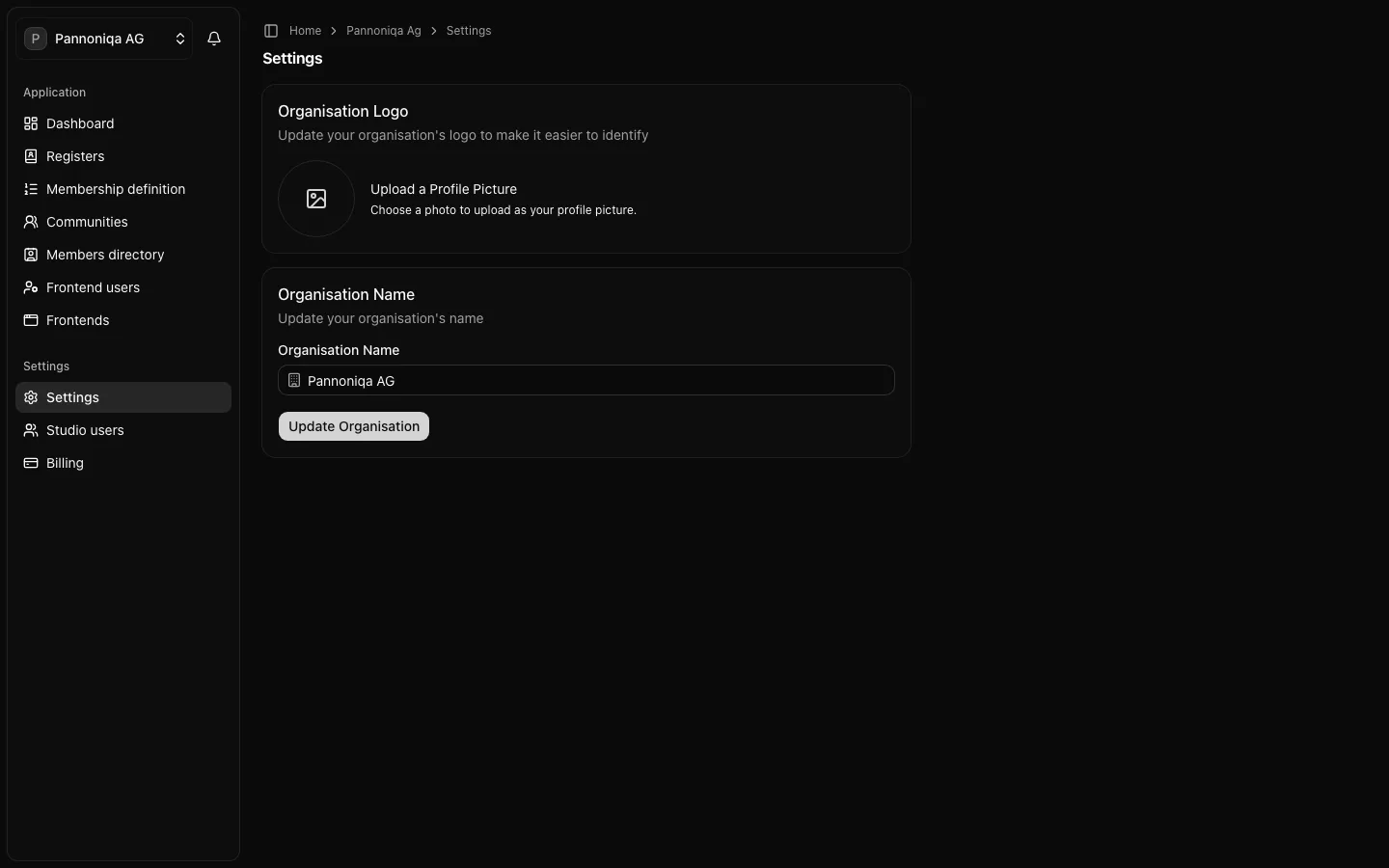 The Settings page of Pannoniqa AG with the organisation logo and name