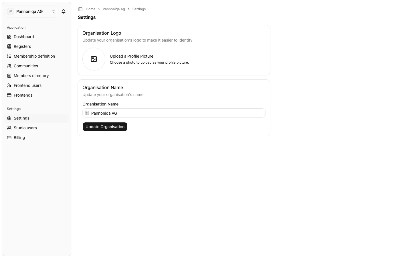 The Settings page of Pannoniqa AG with the organisation logo and name